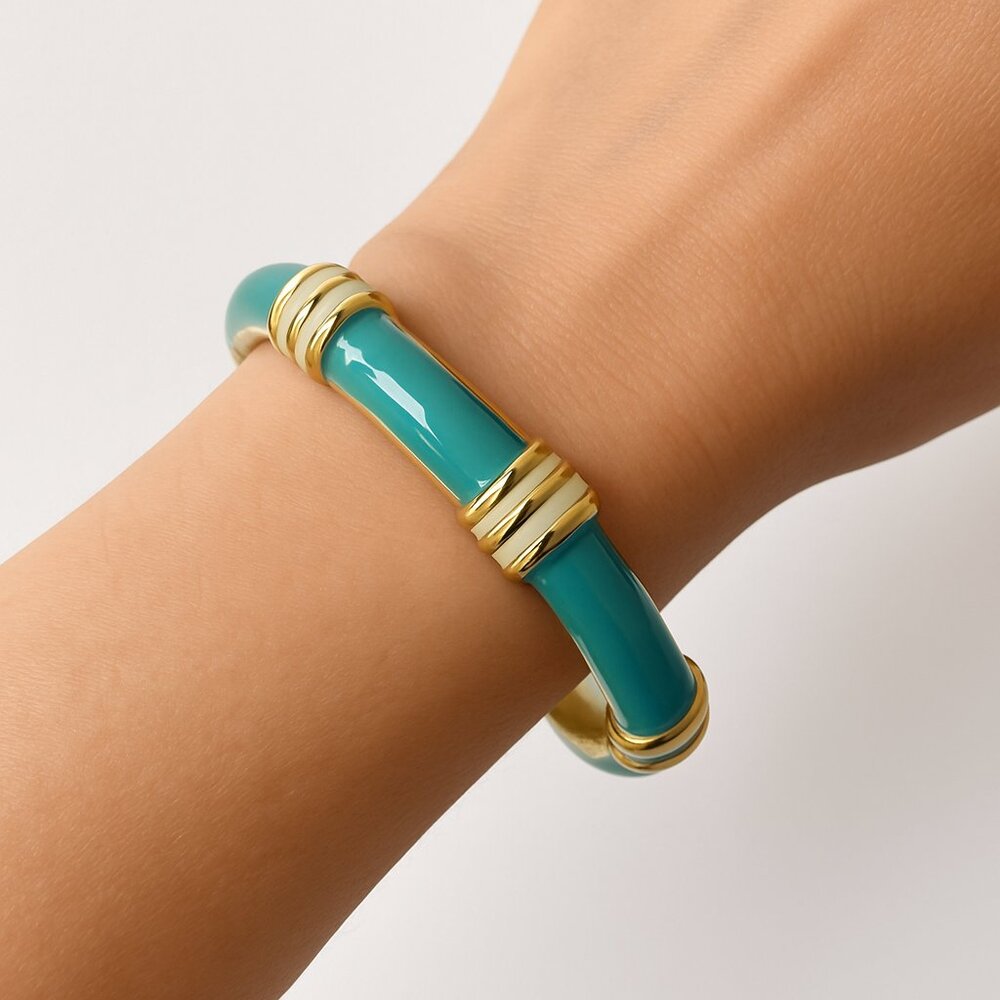 Fornash‎ Enamel Bamboo Bangle Bracelet – Teal & Gold - Picture 10 of 10